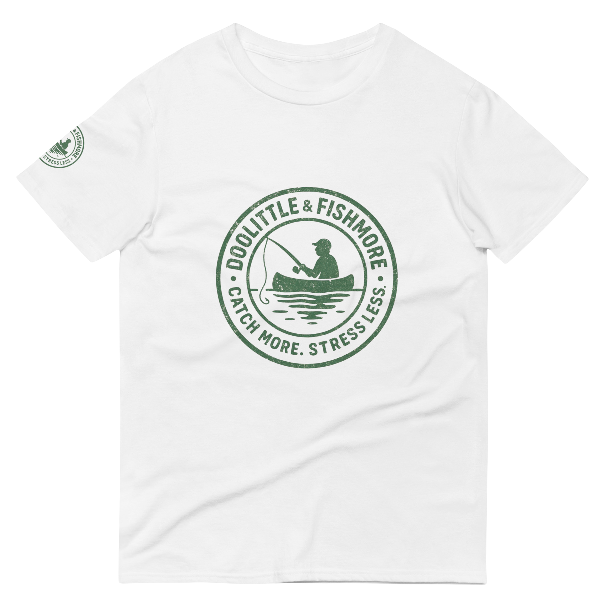White t-shirt with green logo and text on a white background doolittle & fishmore. catch more. stress less.
