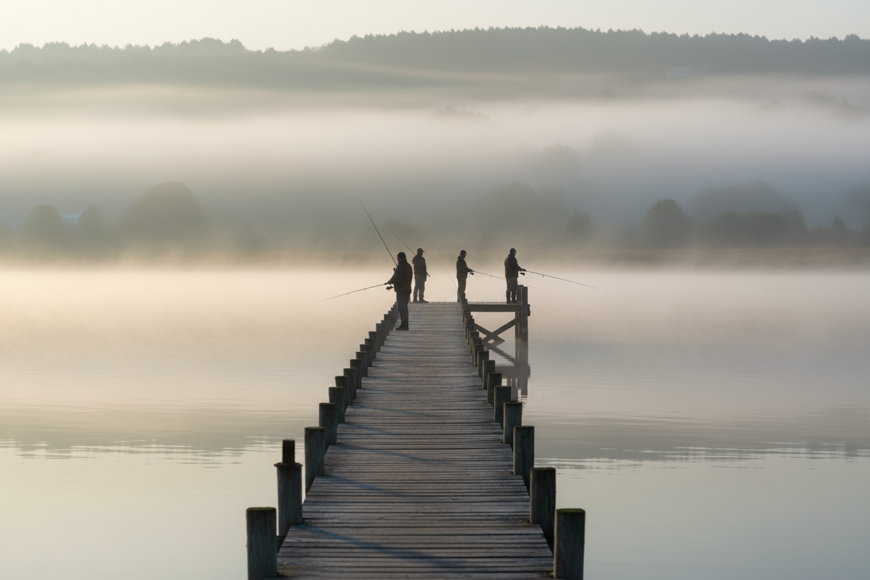 an old fishing dock, men fishing quietly in the morning fog. a far away shot of the landscape behind them